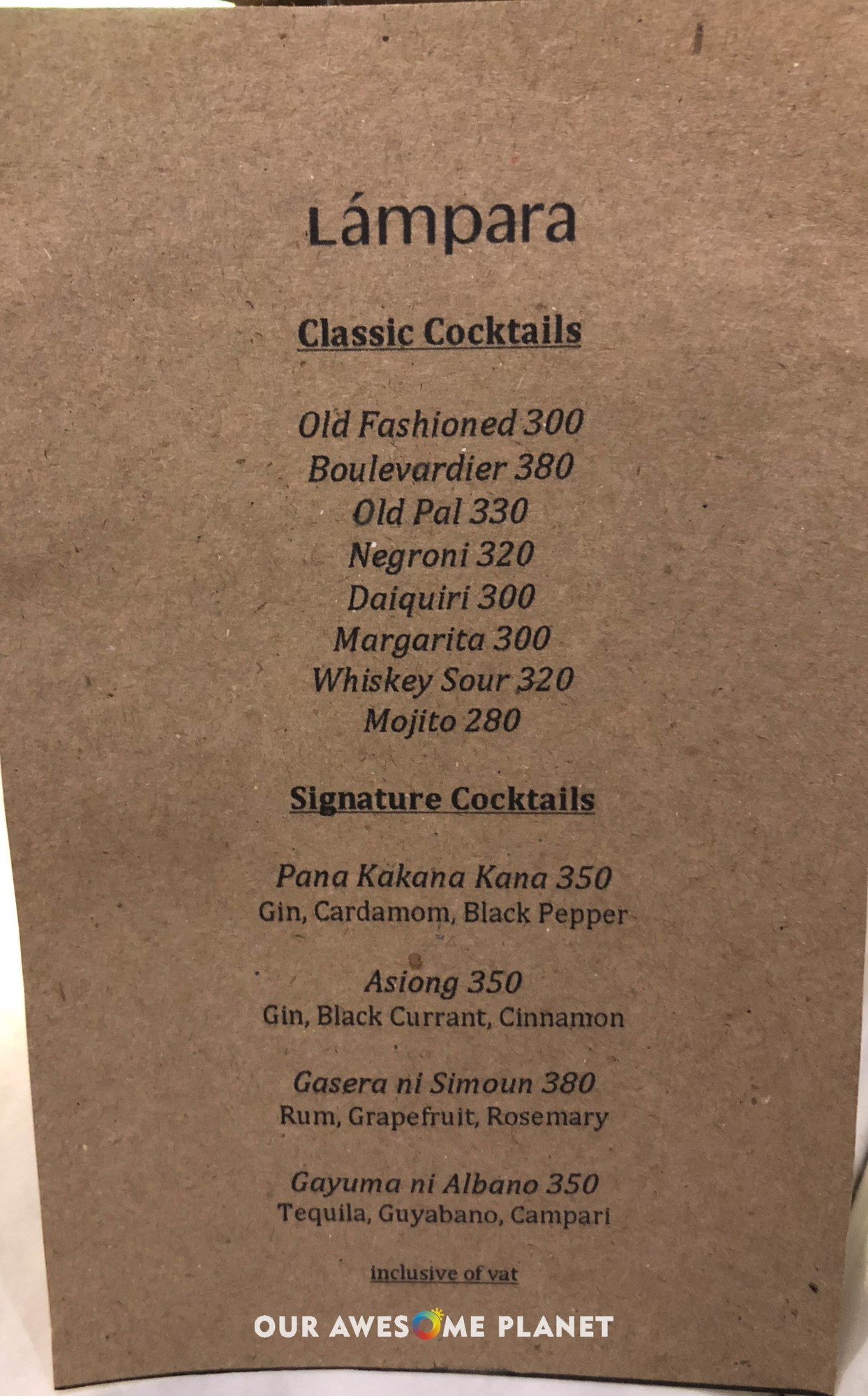 Lámpara cocktail menu